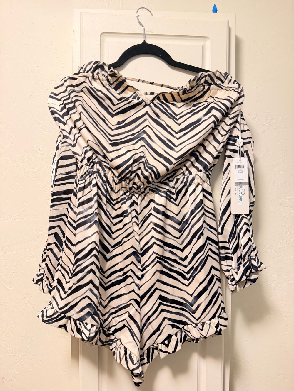 Beach Bunny Black and Cream Chevron Off-Shoulder Romper